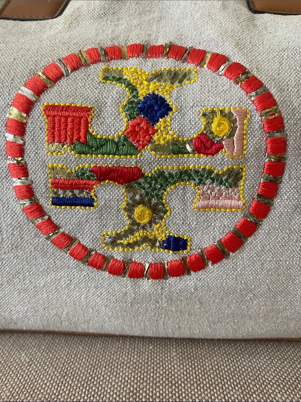 Tory Burch Canvas Tote with Multicolor Embroidered Medallion & Tan Trim